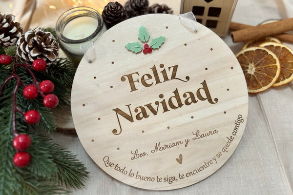 Placa Feliz Navidad - Familia y frase personalizada
